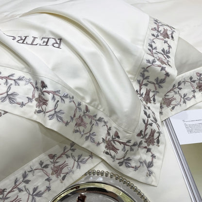 Luxury White Pink Flowers European Embroidered Duvet Cover Set, 1000TC Egyptian Cotton Bedding Set