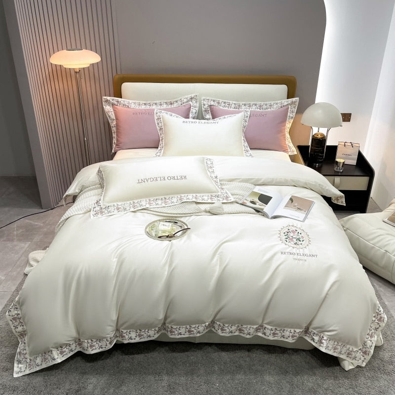 Luxury White Pink Flowers European Embroidered Duvet Cover Set, 1000TC Egyptian Cotton Bedding Set