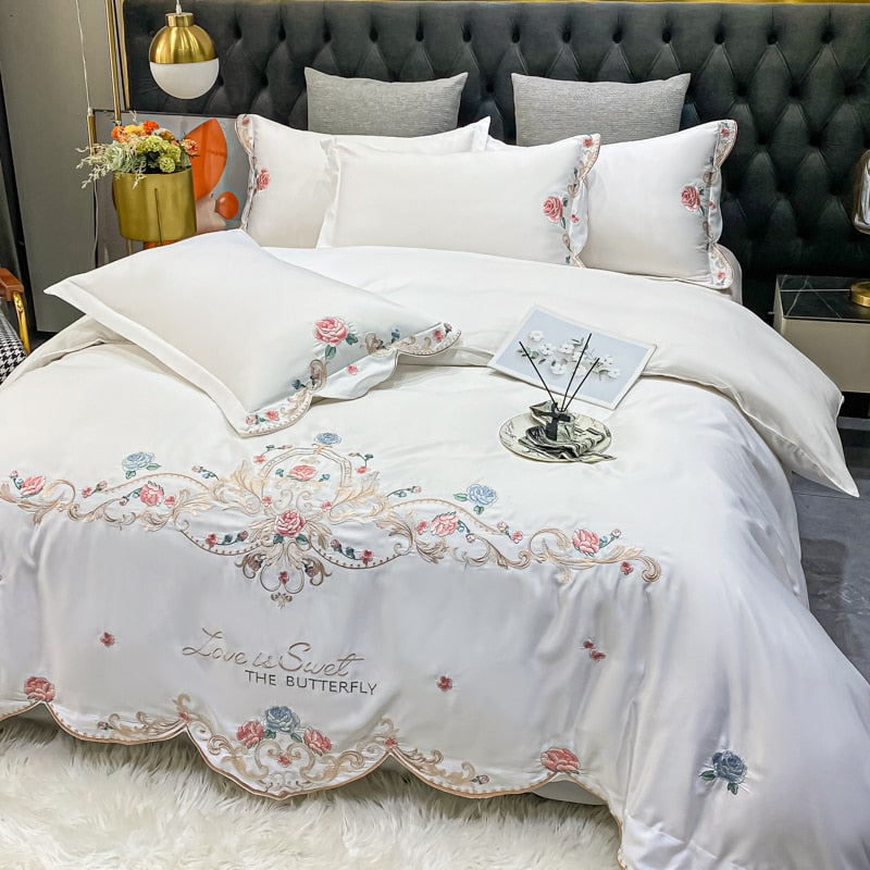 Luxury White Rose Flowers Baroque Butterfly Embroidered Satin Duvet Cover, Egyptian Cotton 600TC Bedding Set