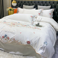 Thumbnail for Luxury White Rose Flowers Baroque Butterfly Embroidered Satin Duvet Cover, Egyptian Cotton 600TC Bedding Set