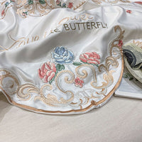 Thumbnail for Luxury White Rose Flowers Baroque Butterfly Embroidered Satin Duvet Cover, Egyptian Cotton 600TC Bedding Set