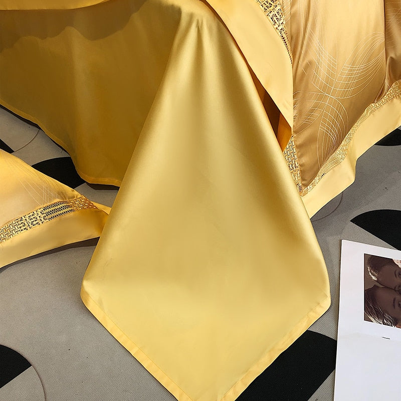Luxury Gold Grey Satin Patchwork Smooth Jacquard Duvet Cover Set, 1000TC Egyptian Cotton Bedding Set