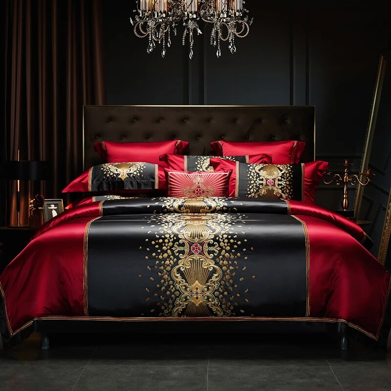 Black Red Gold Luxury Baroque Palace Embroidery Patchwork Duvet Cover, Egyptian Cotton 1000TC Bedding Set