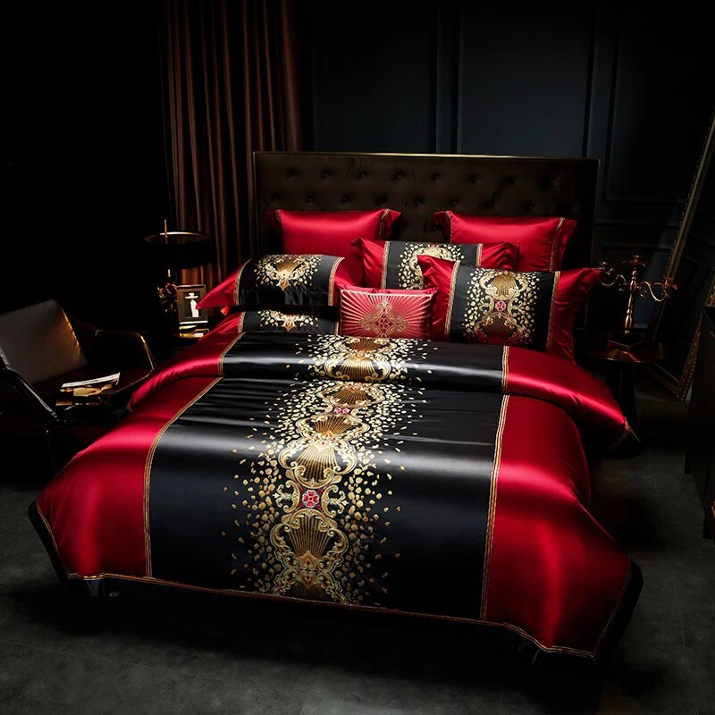 Black Red Gold Luxury Baroque Palace Embroidery Patchwork Duvet Cover, Egyptian Cotton 1000TC Bedding Set