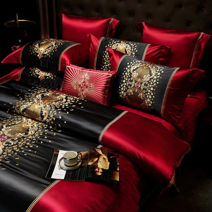Black Red Gold Luxury Baroque Palace Embroidery Patchwork Duvet Cover, Egyptian Cotton 1000TC Bedding Set