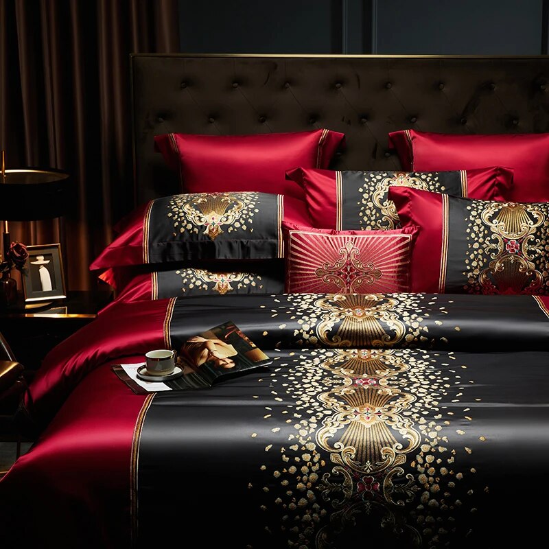 Black Red Gold Luxury Baroque Palace Embroidery Patchwork Duvet Cover, Egyptian Cotton 1000TC Bedding Set