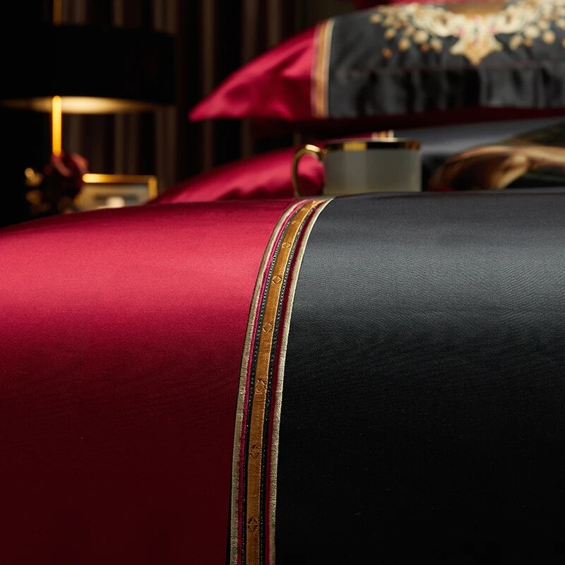 Black Red Gold Luxury Baroque Palace Embroidery Patchwork Duvet Cover, Egyptian Cotton 1000TC Bedding Set