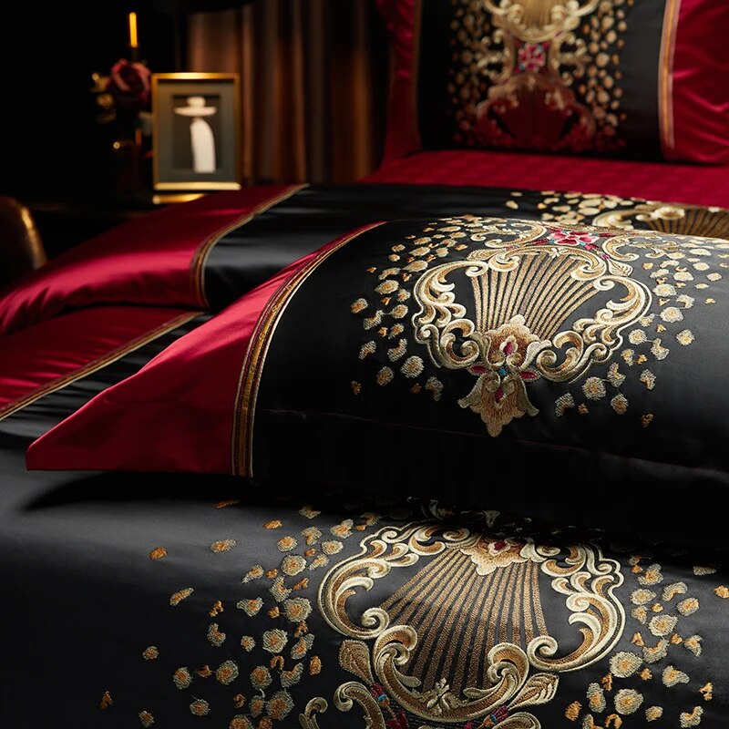 Black Red Gold Luxury Baroque Palace Embroidery Patchwork Duvet Cover, Egyptian Cotton 1000TC Bedding Set