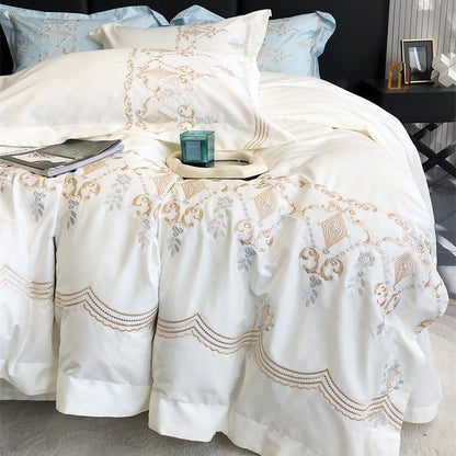 Luxury White Gold Palace European Embroidered Duvet Cover Set, 1000TC Egyptian Cotton Bedding Set