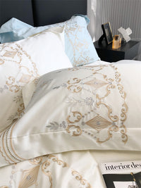 Thumbnail for Luxury White Gold Palace European Embroidered Duvet Cover Set, 1000TC Egyptian Cotton Bedding Set
