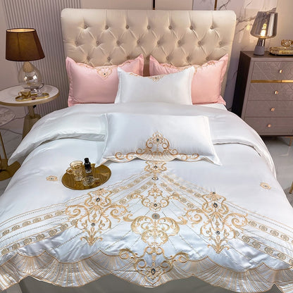 White Red Gold Bohemian Embroidered Smooth Duvet Cover Set, Washed Silk Bedding Set