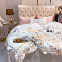 Thumbnail for White Red Gold Bohemian Embroidered Smooth Duvet Cover Set, Washed Silk Bedding Set