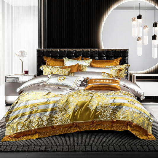 Luxury Gold Baroque Flower Embroidered Satin Jacquard Duvet Cover, Egyptian Cotton 1000TC Bedding Set