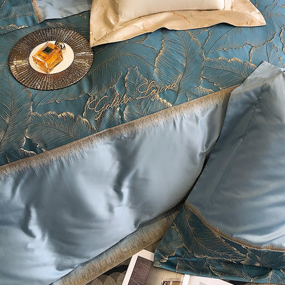 Luxury Green Gold Leaves Satin Jacquard Patchwork Europe Duvet Cover, Egyptian Cotton 1000TC Bedding Set