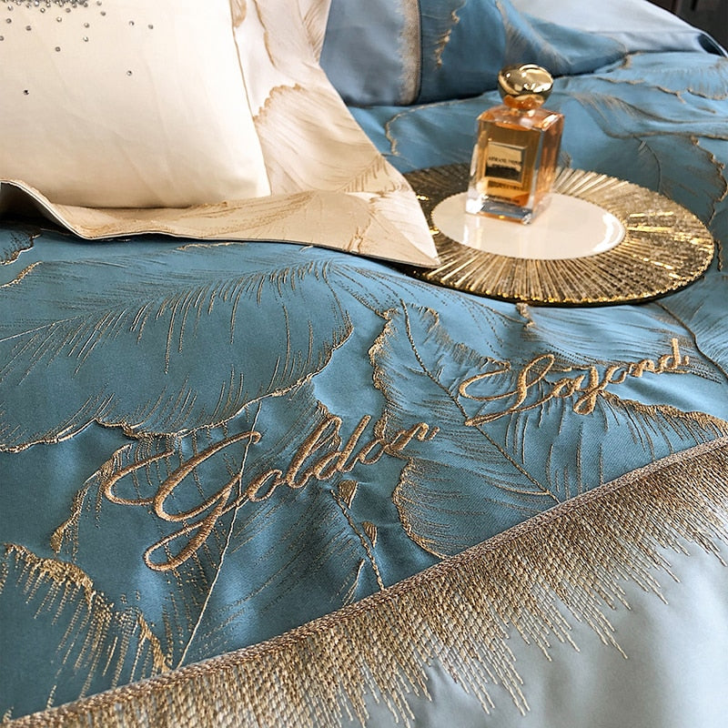 Luxury Green Gold Leaves Satin Jacquard Patchwork Europe Duvet Cover, Egyptian Cotton 1000TC Bedding Set