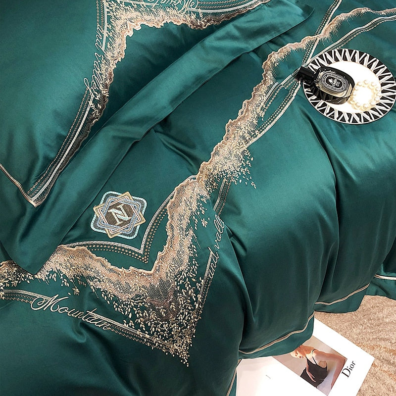 Luxury Green Gold Family Embroidery Duvet Cover Set, 1000TC Egyptian Cotton Bedding Set