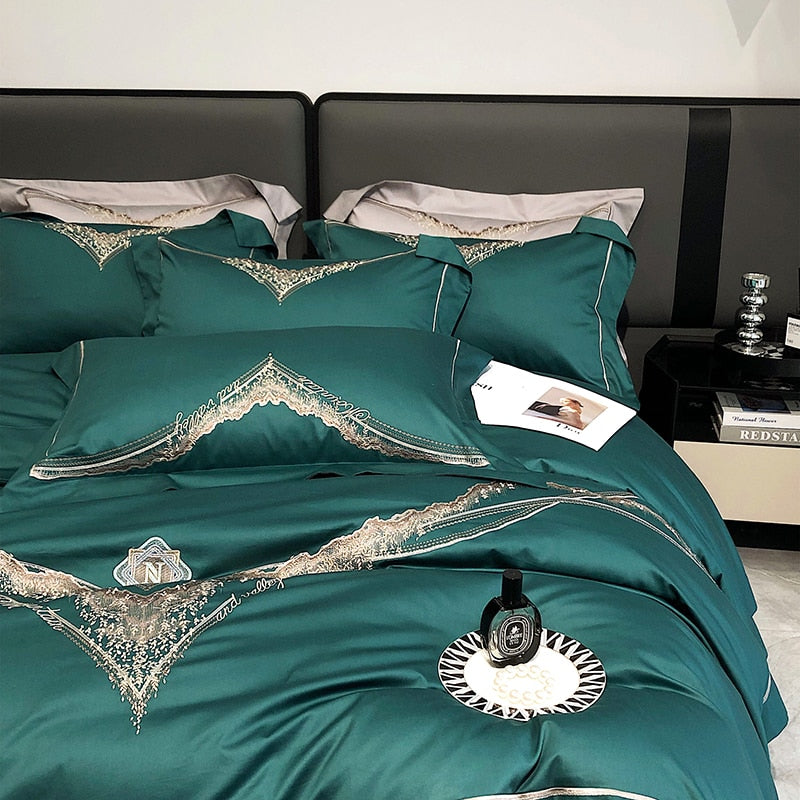 Luxury Green Gold Family Embroidery Duvet Cover Set, 1000TC Egyptian Cotton Bedding Set