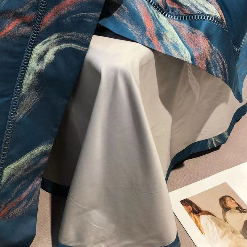 Luxury Blue Marble Satin Patchwork Jacquard Wedding Duvet Cover Set, 1000TC Egyptian Cotton Bedding Set