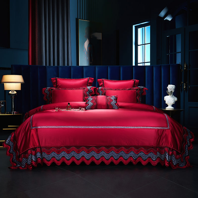 Luxury Red Wine Burgundy Satin Silk Lace Edge Duvet Cover Set, Egyptian Cotton 1200TC Bedding Set
