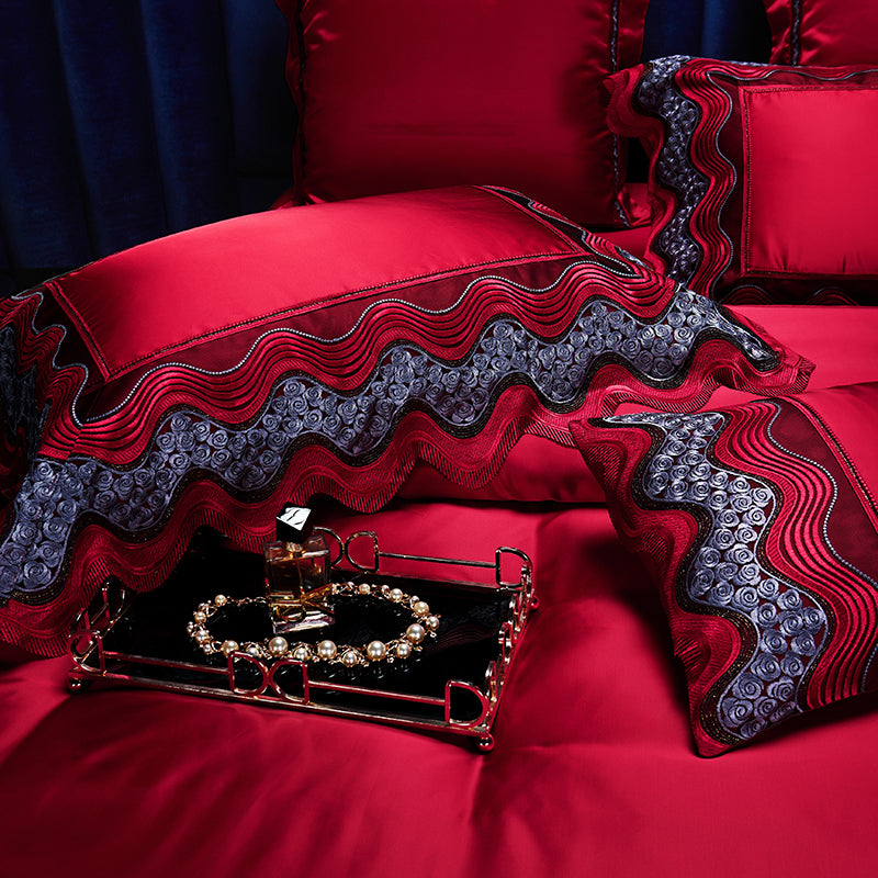 Luxury Red Wine Burgundy Satin Silk Lace Edge Duvet Cover Set, Egyptian Cotton 1200TC Bedding Set