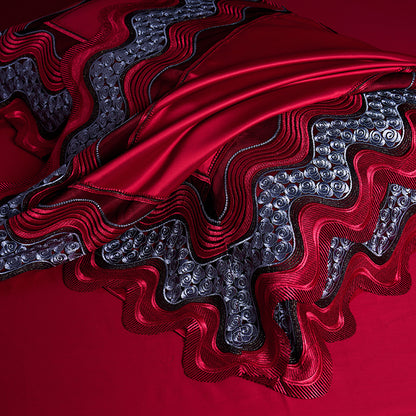 Luxury Red Wine Burgundy Satin Silk Lace Edge Duvet Cover Set, Egyptian Cotton 1200TC Bedding Set