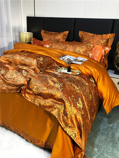 Luxury Leopard Black Orange Satin Jacquard Duvet Cover Set, Egyptian Cotton 1200TC Bedding Set