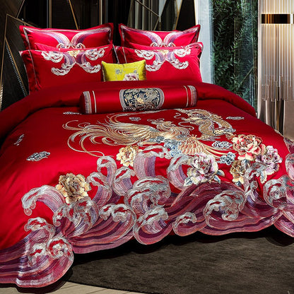 Luxury Red Gold Phoenix Flower Wedding Embroidery Duvet Cover Set, 1000TC Egyptian Cotton Bedding Set