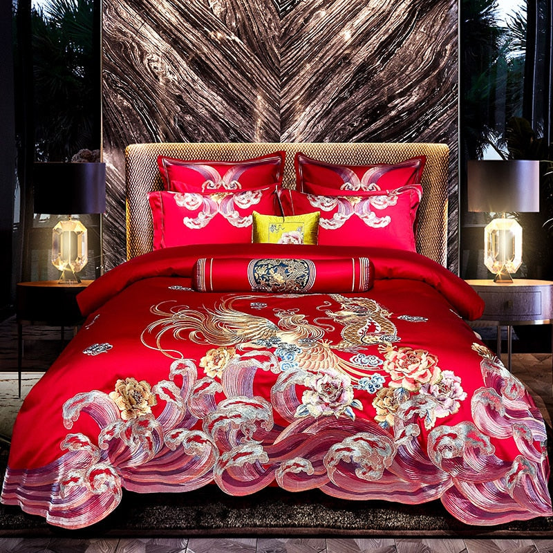 Luxury Red Gold Phoenix Flower Wedding Embroidery Duvet Cover Set, 1000TC Egyptian Cotton Bedding Set