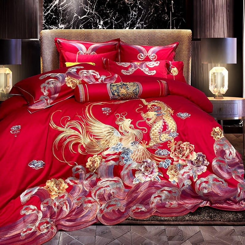 Luxury Red Gold Phoenix Flower Wedding Embroidery Duvet Cover Set, 1000TC Egyptian Cotton Bedding Set