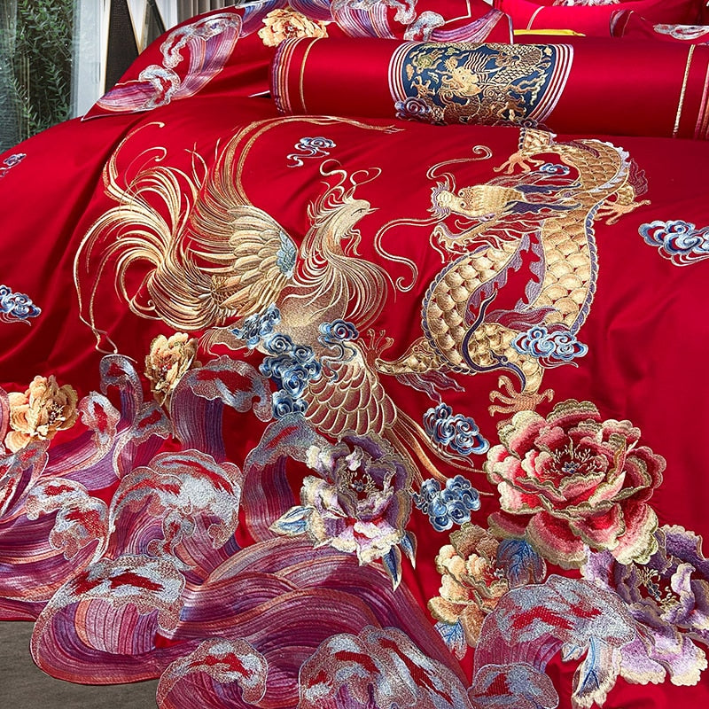Luxury Red Gold Phoenix Flower Wedding Embroidery Duvet Cover Set, 1000TC Egyptian Cotton Bedding Set