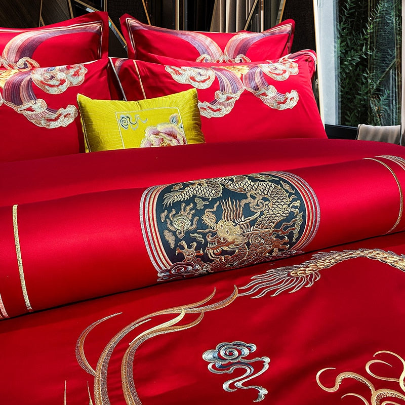 Luxury Red Gold Phoenix Flower Wedding Embroidery Duvet Cover Set, 1000TC Egyptian Cotton Bedding Set