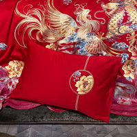 Thumbnail for Luxury Red Gold Phoenix Flower Wedding Embroidery Duvet Cover Set, 1000TC Egyptian Cotton Bedding Set