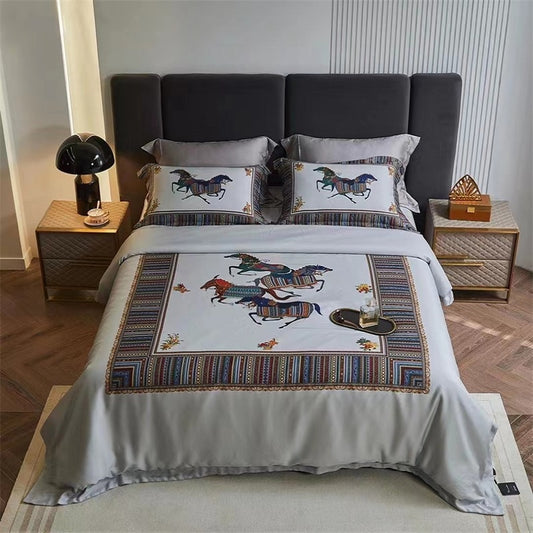 Luxury Printed Horse Pattern Natural Bamboo Fiber Duvet Cover Bedding Set