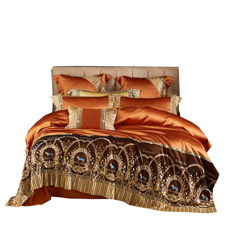 Luxury Orange Gold Horse Lace Edge Palace Silky Duvet Cover Set, 1000TC Egyptian Cotton Bedding Set