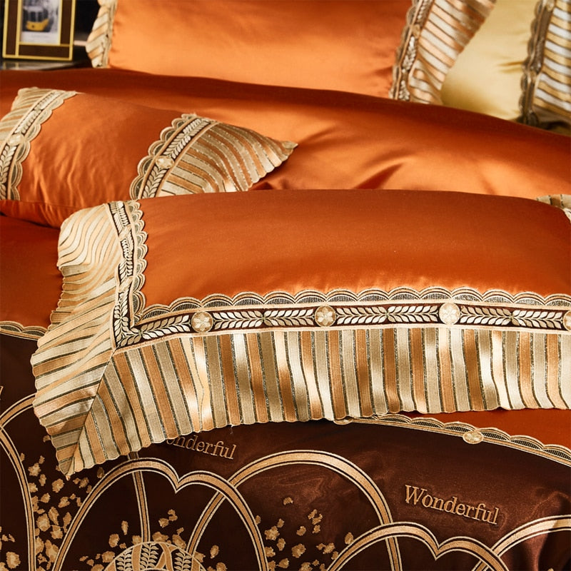 Luxury Orange Gold Horse Lace Edge Palace Silky Duvet Cover Set, 1000TC Egyptian Cotton Bedding Set