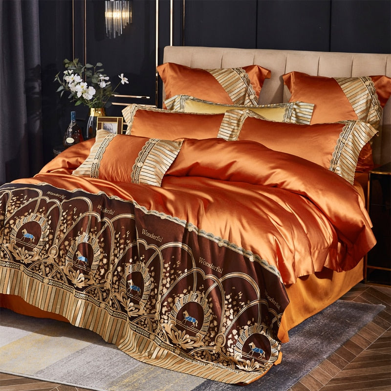 Luxury Orange Gold Horse Lace Edge Palace Silky Duvet Cover Set, 1000TC Egyptian Cotton Bedding Set