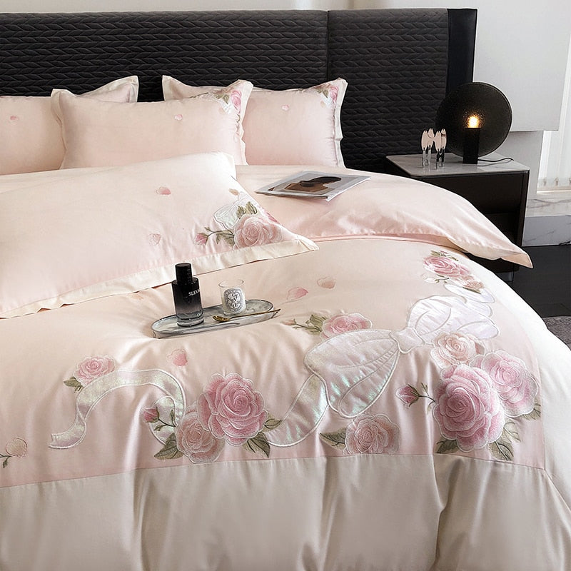 Pink Rose Luxury Flowers Embroidery Egyptian Cotton 1000TC Duvet Cover Bedding Set