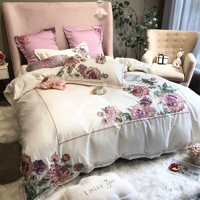 Pink Purple Flower Luxury Europe Embroidery Egyptian Cotton 1000TC Duvet Cover Bedding Set