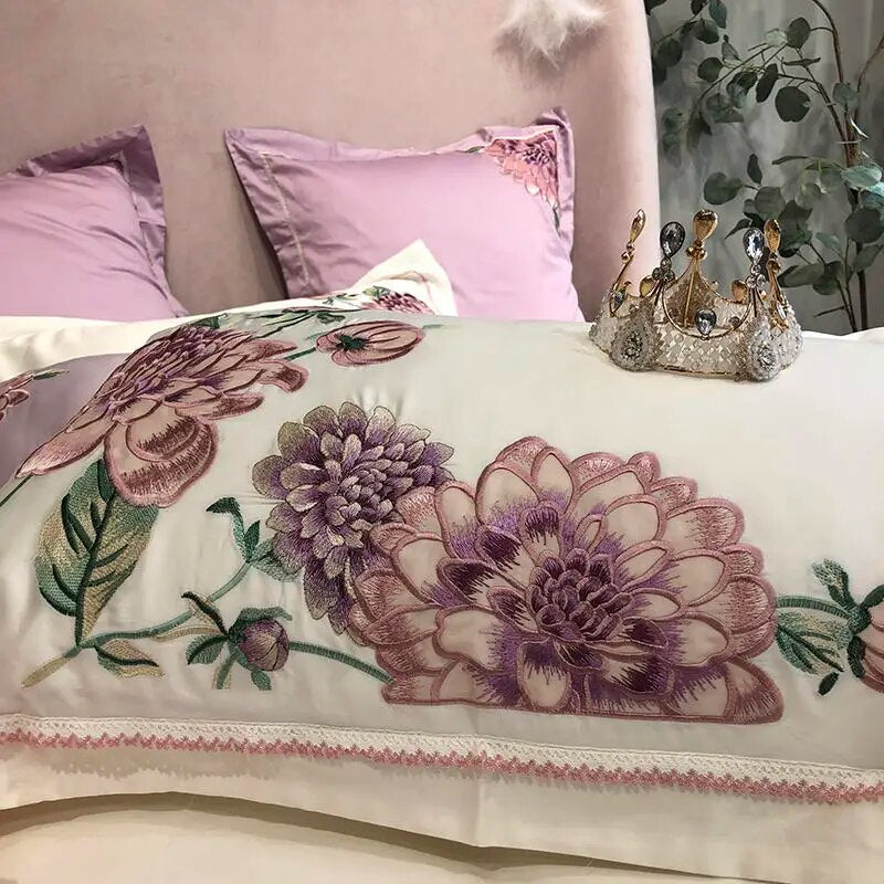 Pink Purple Flower Luxury Europe Embroidery Egyptian Cotton 1000TC Duvet Cover Bedding Set