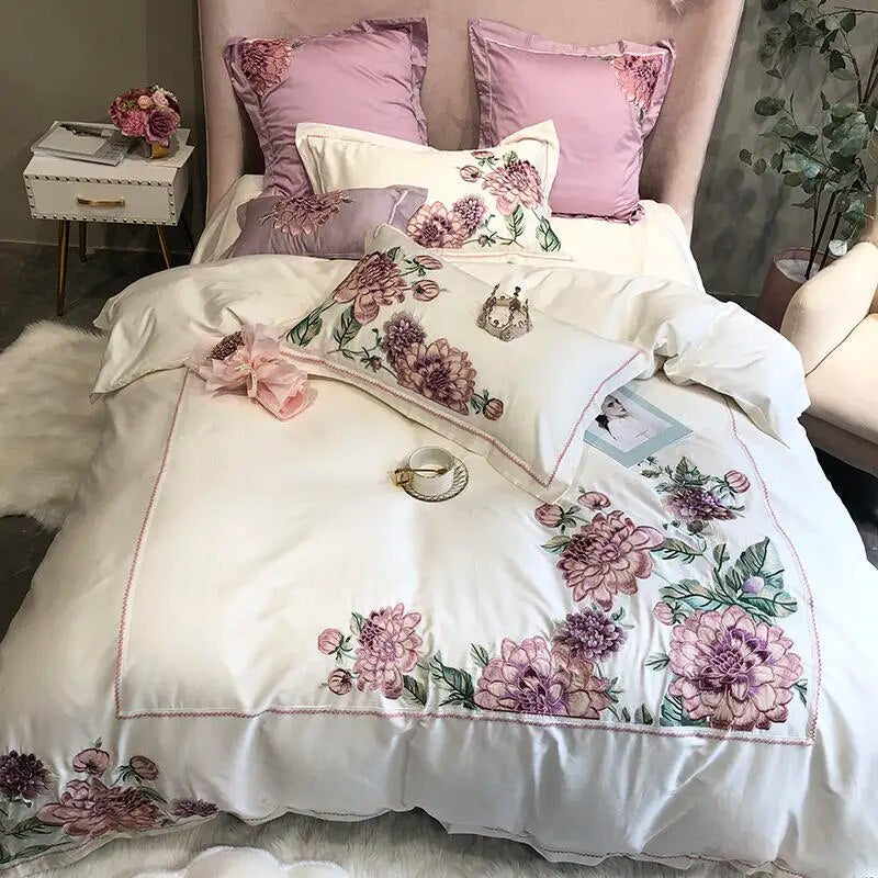 Pink Purple Flower Luxury Europe Embroidery Egyptian Cotton 1000TC Duvet Cover Bedding Set