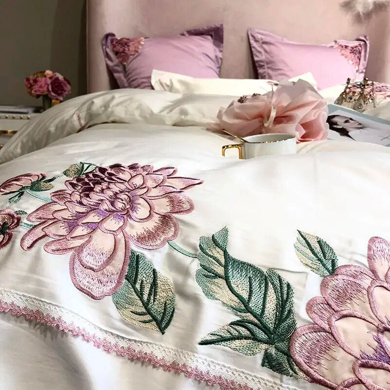 Pink Purple Flower Luxury Europe Embroidery Egyptian Cotton 1000TC Duvet Cover Bedding Set