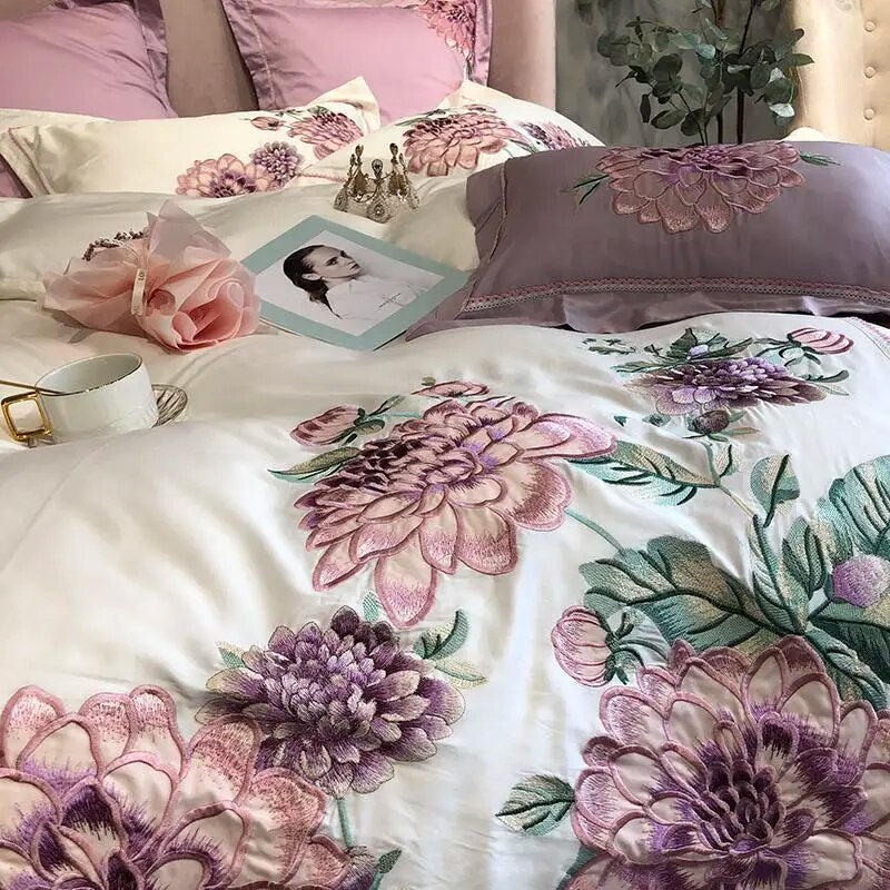 Pink Purple Flower Luxury Europe Embroidery Egyptian Cotton 1000TC Duvet Cover Bedding Set