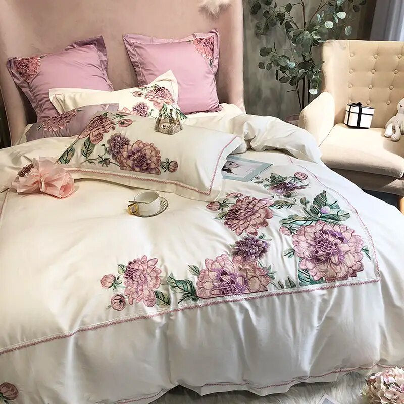 Pink Purple Flower Luxury Europe Embroidery Egyptian Cotton 1000TC Duvet Cover Bedding Set