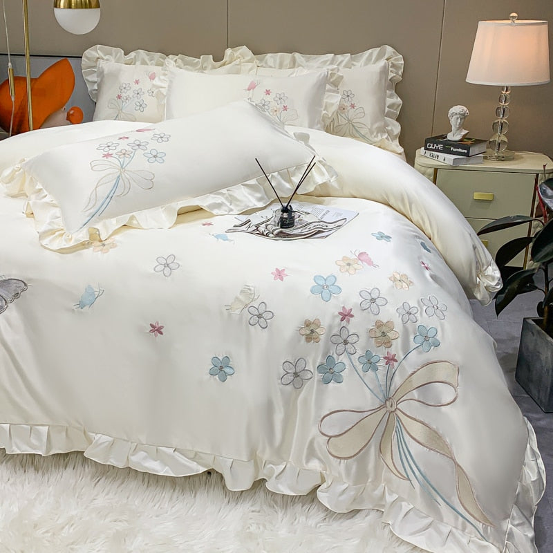 Luxury Butterfly Princess Chic Flowers Embroidery Ruffles Duvet Cover, Cotton 600TC Bedding Set