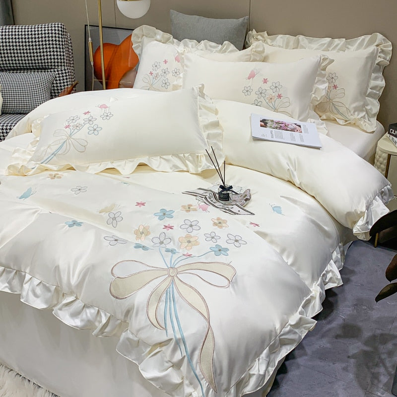 Luxury Butterfly Princess Chic Flowers Embroidery Ruffles Duvet Cover, Cotton 600TC Bedding Set