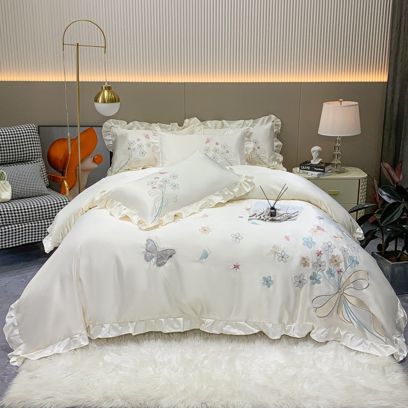 Luxury Butterfly Princess Chic Flowers Embroidery Ruffles Duvet Cover, Cotton 600TC Bedding Set