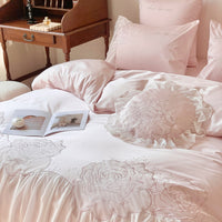 Thumbnail for Pink White Rose Luxury Princess Wedding Flowers Chiffon Lace Duvet Cover, 1000TC Egyptian Cotton Bedding Set