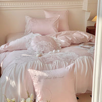 Thumbnail for Pink White Rose Luxury Princess Wedding Flowers Chiffon Lace Duvet Cover, 1000TC Egyptian Cotton Bedding Set