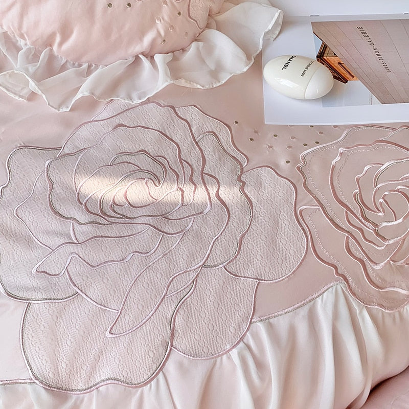 Pink White Rose Luxury Princess Wedding Flowers Chiffon Lace Duvet Cover, 1000TC Egyptian Cotton Bedding Set