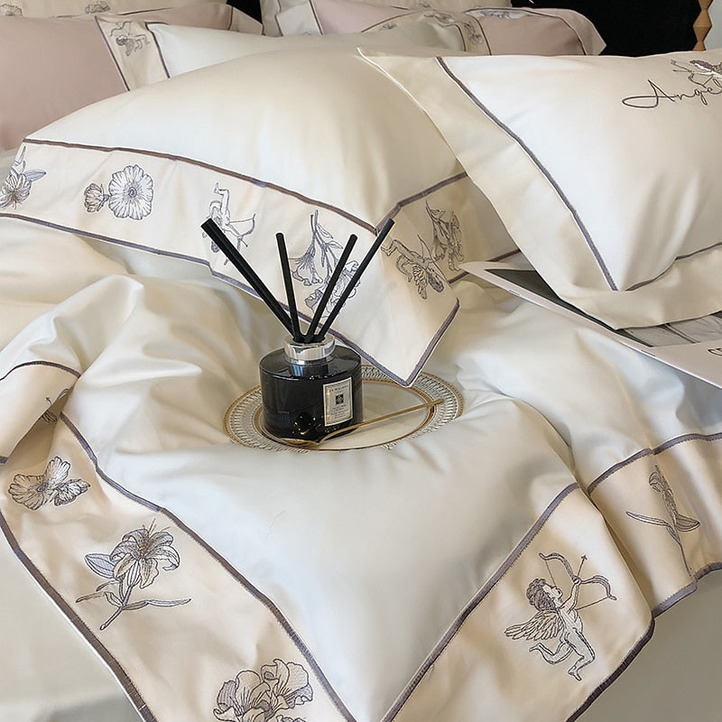 Luxury Angel Cupid Europe Flowers Embroidered Duvet Cover Set, 1000TC Egyptian Cotton Bedding Set
